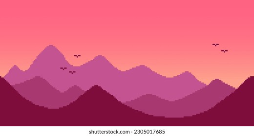 Arte de píxeles vectoriales simple colorido ilustración horizontal del cielo rojo paisaje de montaña con pájaros en estilo de plataforma retro