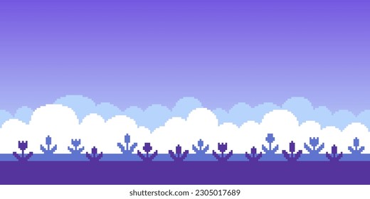 Colorful simple vector pixel art horizontal illustration of field of tulips in retro platformer style