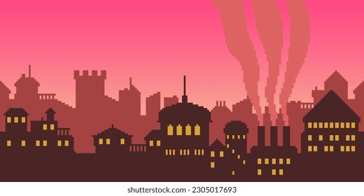 Colorful simple vector pixel art horizontal illustration of silhouette of city buildings. Cityscape in the style of a platformer