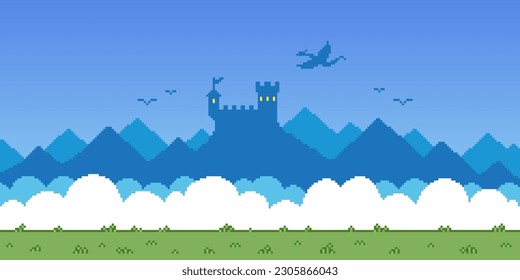 Colorful simple vector pixel art horizontal illustration of fantasy fortress and dragon in the sky in retro platformer style