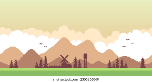 Colorful simple vector pixel art horizontal illustration of farm with a windmill on the background of mountains in retro platformer style