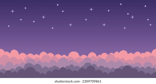 Colorful simple vector pixel art seamless endless horizontal illustration of curly clouds in the starry sky in retro platformer style. Arcade screen for game design