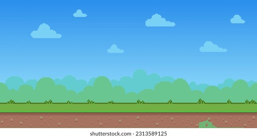 Colorful simple vector pixel art horizontal illustration of outdoor landscape background. Pixel arcade screen for game design. Game design concept in retro style