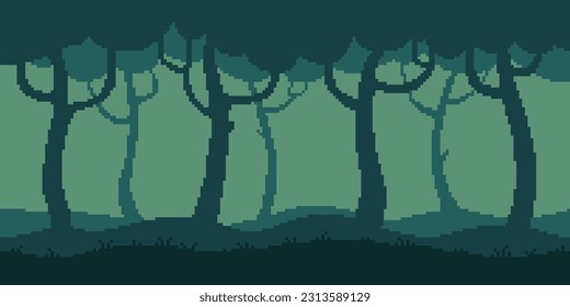 Colorful simple vector pixel art horizontal illustration of dark forest in the style of retro platformer video game level