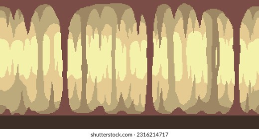 Colorful simple vector pixel art horizontal illustration of cave of stalagmites and stalactites in the style of retro platformer video game level