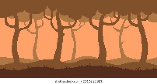 Colorful simple vector pixel art horizontal illustration of dark forest in the style of retro platformer video game level
