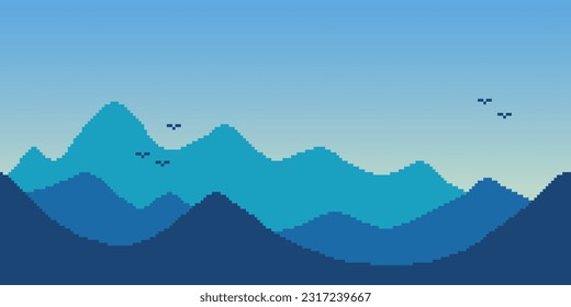 Arte de píxeles vectoriales simple colorido ilustración horizontal del cielo rojo paisaje de montaña con pájaros en estilo de plataforma retro