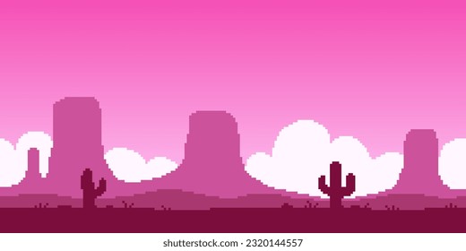 Colorful simple vector pixel art horizontal illustration of pink maroon landscape of the Great American Desert with rocks and cacti in retro platformer style