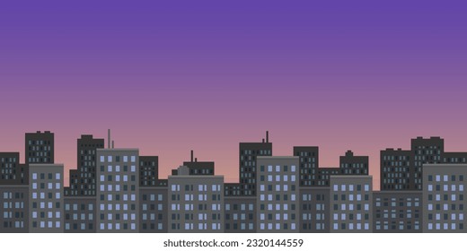 Colorful simple vector pixel art seamless endless horizontal illustration of city high rise buildings under the morning sky in retro platformer style. Arcade screen for game design