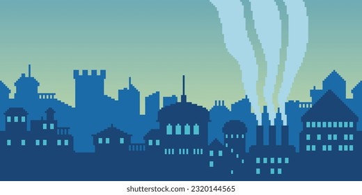 Colorful simple vector pixel art horizontal illustration of silhouette of city buildings. Cityscape in the style of a platformer