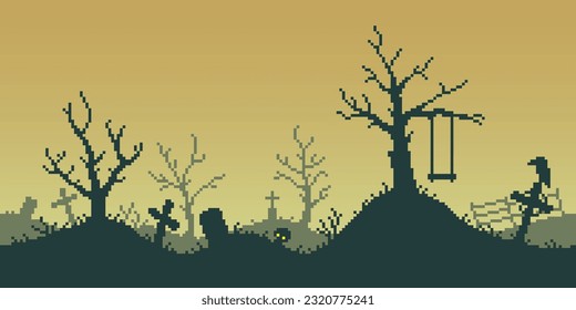 Colorful simple vector pixel art horizontal illustration of cemetery, graves, dry tree with a childrens swing in the style of retro platformer video game level. Cartoon spooky halloween cemetery