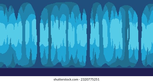 Colorful simple vector pixel art horizontal illustration of blue cave of stalagmites and stalactites in the style of retro platformer video game level
