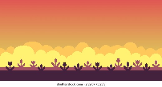 Colorful simple vector pixel art horizontal illustration of red field of tulips flowers silhouette in retro platformer style