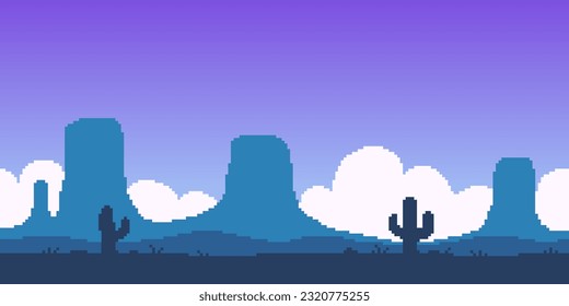 Colorful simple vector pixel art horizontal illustration of blue landscape of the Great American Desert with rocks and cacti in retro platformer style