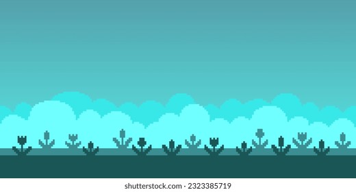 Colorful simple vector pixel art horizontal illustration of turquoise field of tulips flowers silhouette in retro platformer style