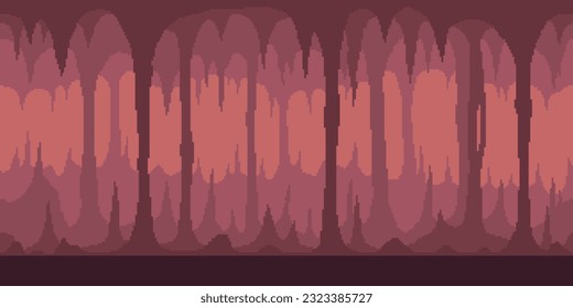 Colorful simple vector pixel art horizontal illustration of red dark cave of stalagmites and stalactites in the style of retro platformer video game level