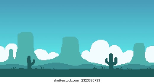 Colorful simple vector pixel art horizontal illustration of turquoise landscape of the Great American Desert with rocks and cacti in retro platformer style