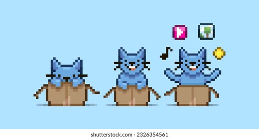 Colorful simple vector pixel art illustration of cartoon three blue cats in cardboard boxes