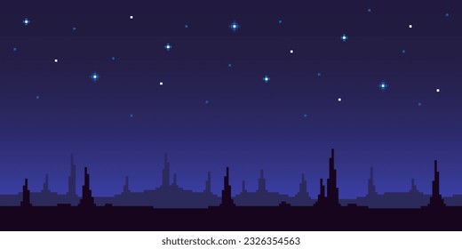 Colorful simple vector pixel art horizontal illustration of fantasy planet under starry sky in the style of retro platformer video game level