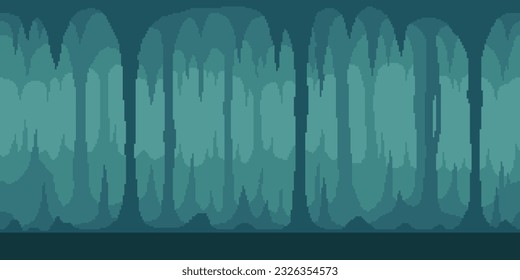 Colorful simple vector pixel art horizontal illustration of turquoise cave of stalagmites and stalactites in the style of retro platformer video game level