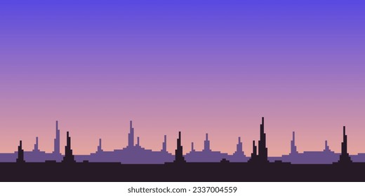 Colorful simple vector pixel art horizontal illustration of fantasy planet under morning sky in the style of retro platformer video game level