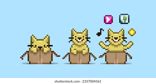 Colorful simple vector pixel art illustration of cartoon sandy or golden color three cats in cardboard boxes