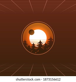 colorful simple vector round illustration in 80s style of bright sun and planet with silhouettes of coniferous forest trees