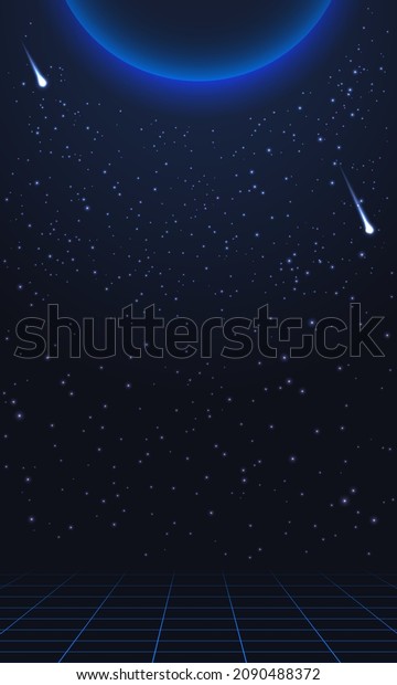 colorful
simple vector vertical illustration in 80s style of outer space
with big planet, comets and stars
background