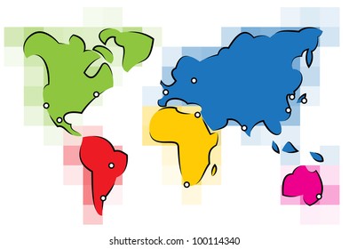 Colorful simplified World map made out of lines and squares