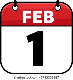 A colorful and simplistic vector illustration of a calendar page displaying the date February 1st, with a bold red header and clean design, suitable for marking important dates