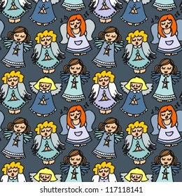colorful singing angels on navy background seamless pattern
