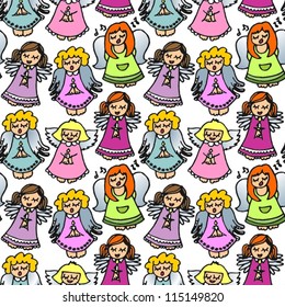 colorful singing angels on white  background seamless pattern