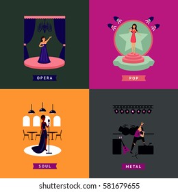 Colorful singing people concept with professional singers of different music styles on stage vector illustration