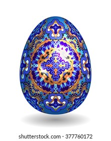 Colorful Single Vector Easter Egg with Abstract Colorful Pattern - Beautiful Close Up Design with Smooth Shadow on the Ground. Gold and bright blue ornate pattern on blue egg.