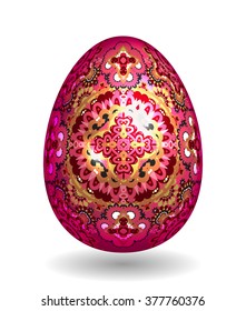 Colorful Single Vector Easter Egg with Abstract Colorful Pattern - Beautiful Close Up Design with Smooth Shadow on the Ground. Gold and bright pink ornate pattern on vinous egg.