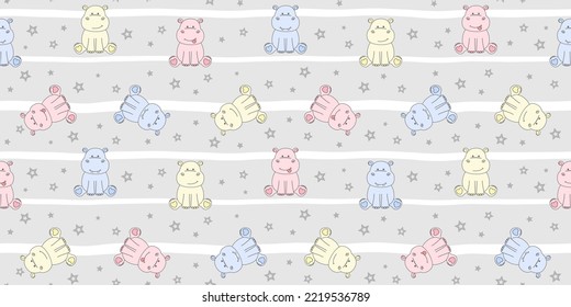 Colorful sitting hippos on a light gray striped background with stars. Endless texture with cute tiny behemoths. Vector seamless pattern for surface texture, cover, wrapping paper, packaging and print