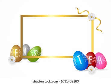 colorful  six easter eggs on white background and gold confetti. Vector illustration, card, menu, banner, poster, voucher.