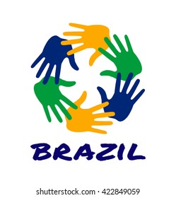 Colorful six hand print logo using Brazil flag colors 2016. Vector logo illustration.
Brazil hands vector Icon, logo, emblem using Brazil flag colors.