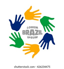 Colorful six hand print logo using Brazil flag colors. Vector logo illustration. Brazil hands vector Icon, logo, emblem with Brazil flag colors.