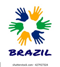 Colorful six hand print logo using Brazil flag colors. Vector  illustration. 