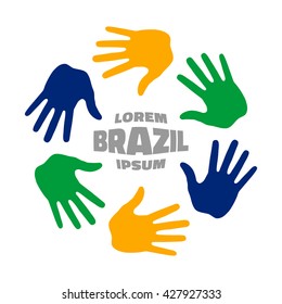 Colorful six hand print logo using Brazil flag colors 2016. Vector  illustration. 