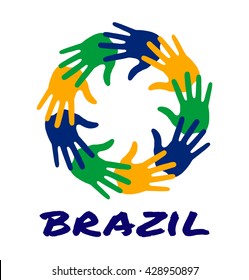 Colorful six hand print logo using Brazil flag colors 2016. Vector illustration