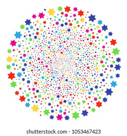 Colorful Six Pointed Star exploding spheric cluster. Vector sphere salute created by random six pointed star objects. Multicolored Vector abstraction.