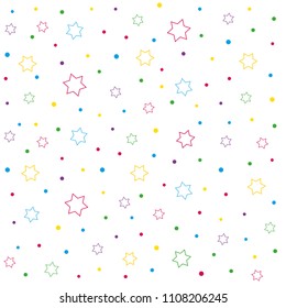 Colorful six-pointed stars and polka dot seamless pattern, colored Stars of David and confetti on white background