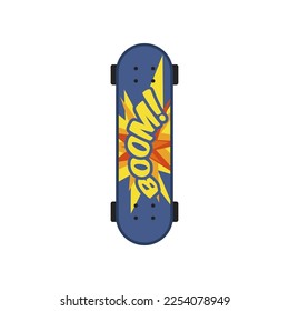 Diseño de patineta colorido con ilustración de vector de explosión. Equipamiento de tablas de deporte urbano con boom de palabras aisladas en fondo blanco. Actividades de ocio para adolescentes, concepto de estilo libre