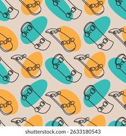 Colorful Skateboard Seamless Pattern Illustration. Vibrant and playful skateboard pattern featuring black line drawings of skateboards accented with orange and teal abstract shapes.