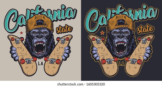 Colorful skateboarding badge with aggressive gorilla in backwards baseball cap holding skateboards in vintage style isolated vector illustration