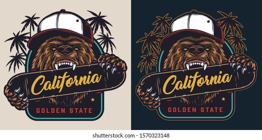Colorful skateboarding badge in vintage style with cruel angry bear in baseball cap bites skateboard isolated vector illustration svg