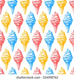 Colorful skech background with ice cream in a cone. Vector illustration with sorbet. Sweet dessert.