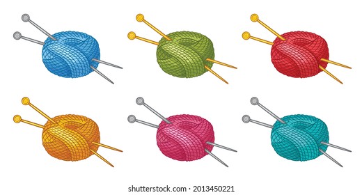 Colorful skein of thread or yarn with knitting needles icon set. Ball of wool filament for knitted. Tool for handmade knit. Clew for handicraft hobby create knitwear. Female needlework cartoon vector 